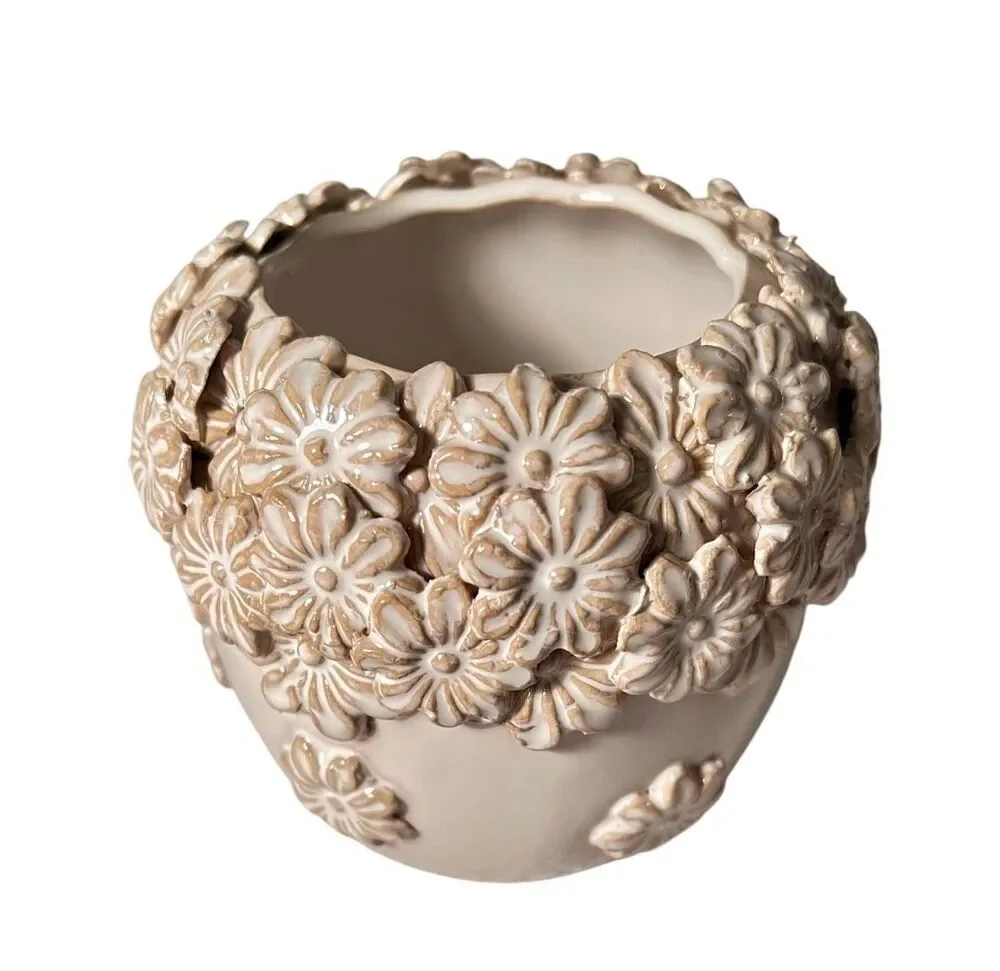 Ceramic Planter With Intricate 3D Floral Relief Cascading Sculpted Blossoms